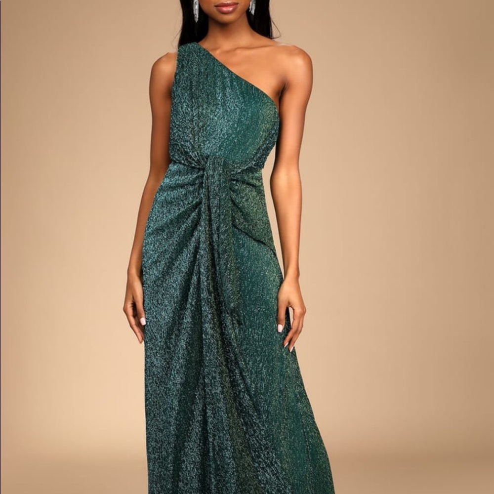 Lulus Teal metallic one shoulder gown